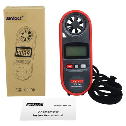 Wintact Digital Thermometer Anemometer for Wind Speed and Temperature handheld device with LCD, red black unit, box and manual