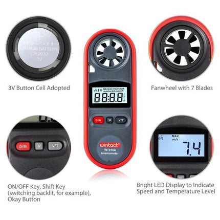 Wintact Digital Thermometer Anemometer for Wind Speed and Temperature - handheld anemometer with 7-blade fanwheel and LCD backlight display