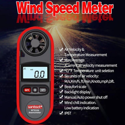 Wintact Digital Thermometer Anemometer for Wind Speed and Temperature handheld device showing LCD, backlight, wind sensor and feature list