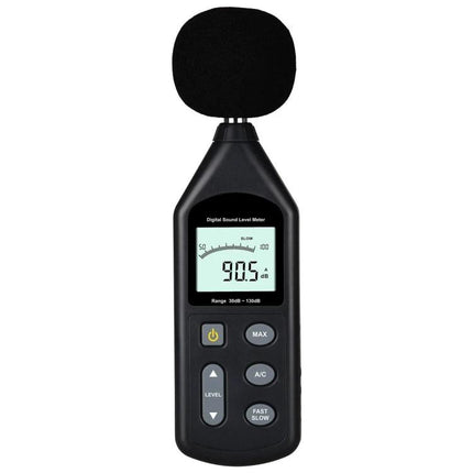 Wintact Digital Sound Level Meter for Noise Monitoring Tasks handheld meter showing 90.5 dB on LCD with foam windscreen