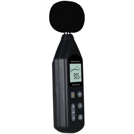 Wintact Digital Sound Level Meter for Noise Monitoring Tasks — handheld noise meter with foam windscreen and LCD reading 90.5 dB
