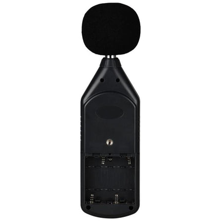 Wintact Digital Sound Level Meter for Noise Monitoring Tasks handheld meter with foam windscreen and open battery compartment