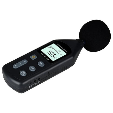Wintact Digital Sound Level Meter for Noise Monitoring Tasks handheld meter with windscreen showing 90.5 dB reading