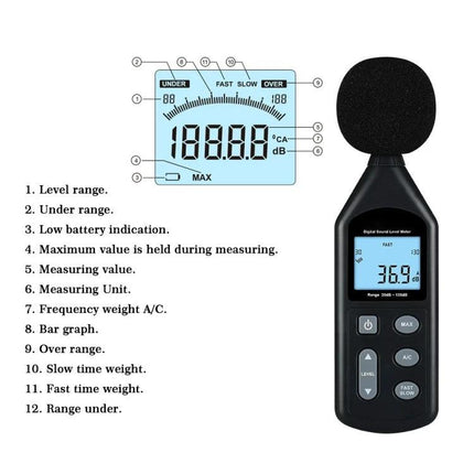 Wintact Digital Sound Level Meter for Noise Monitoring Tasks handheld meter with foam windscreen and LCD showing 36.9 dB