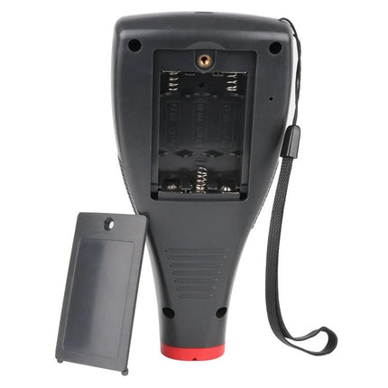 Wintact Coating Thickness Gauge with Color Screen for Metal Coatings handheld gauge rear view with battery compartment open and wrist strap