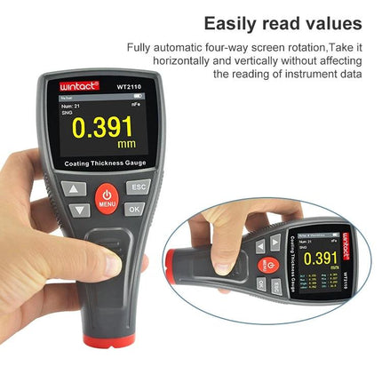 Wintact Coating Thickness Gauge with Color Screen for Metal Coatings handheld device showing 0.391 mm on color screen during inspection
