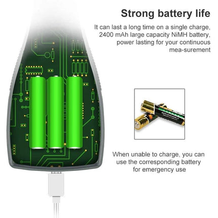 Wintact Coating Thickness Gauge with Color Screen for Metal Coatings showing internal rechargeable batteries and USB charging port
