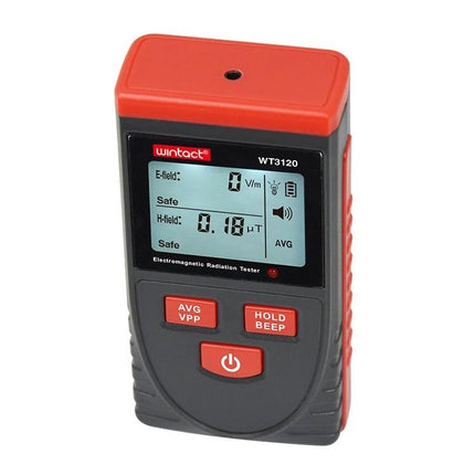 Wintact Radiation Tester For Electric And Magnetic Fields In Homes compact handheld EMF meter showing readings and buttons