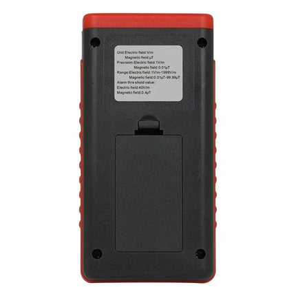 Wintact Radiation Tester For Electric And Magnetic Fields In Homes back view showing battery compartment and specifications