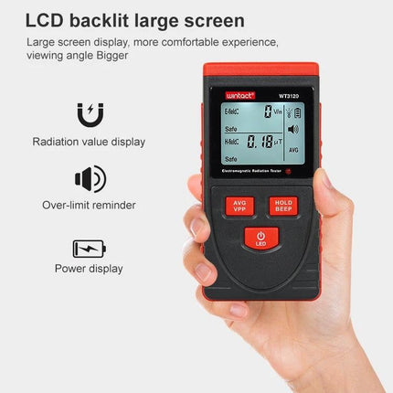 Wintact Radiation Tester For Electric And Magnetic Fields In Homes handheld device with LCD backlit display showing readings