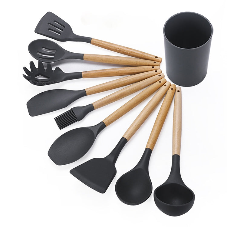 kn082 9 in 1 Wooden Handle Silicone Kitchen Tool Set with Storage Bucket, Black, Pink, Green