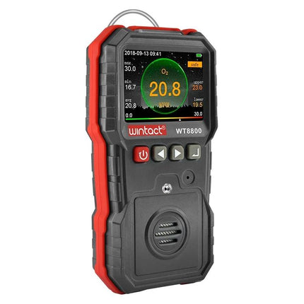 Wintact Portable Oxygen Monitor for Safety Detection Alarm handheld device with color screen showing 20.8% O2 and rugged red-black casing