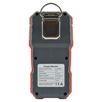 Wintact Portable Oxygen Monitor for Safety Detection Alarm - back view with belt clip and label showing specifications