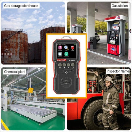 Wintact Portable Combustible Gas Detector for Home Safety handheld gas leak detector with color screen shown in industrial and fuel station settings