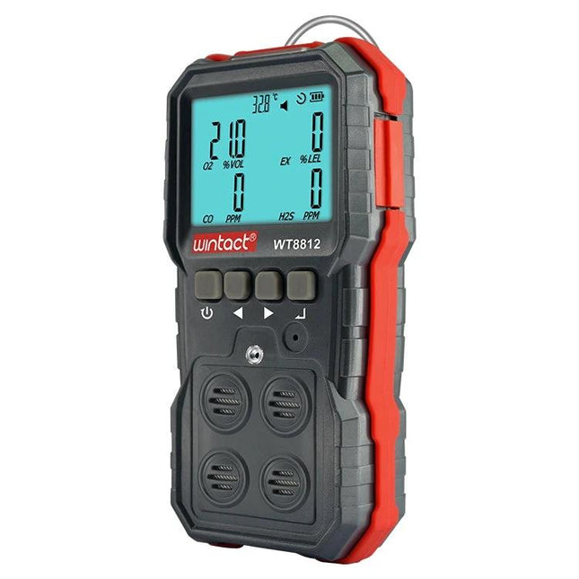 Wintact Portable Gas Detector for Home and Workplace Safety handheld gas monitor with digital display and red protective casing