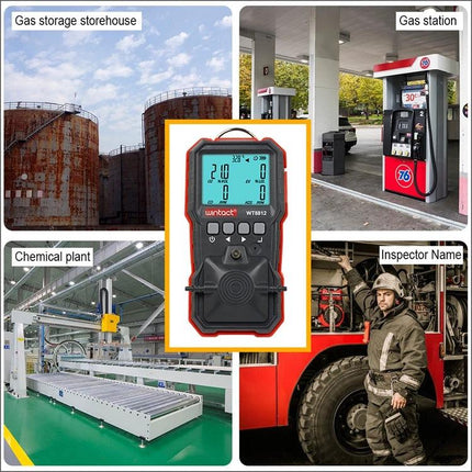 Wintact Portable Gas Detector for Home and Workplace Safety shown monitoring leaks at gas station, chemical plant, storage and by inspector