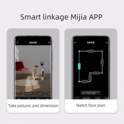 Xiaomi Smart Laser Distance Measurer for Home Projects showing app screenshots for taking pictures, dimensions and sketching floor plans