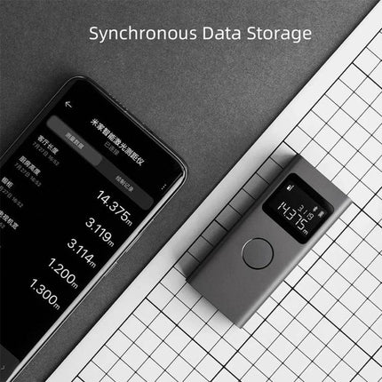 Xiaomi Smart Laser Distance Measurer for Home Projects showing device and smartphone with synchronous data storage and measurement readings