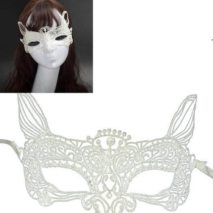 Cat King Lace Mask One Size Fits Most For Halloween - handmade white lace cat masquerade mask for parties, elegant royal costume accessory