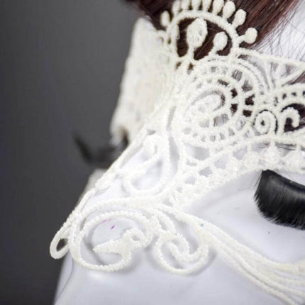 Cat King Lace Mask One Size Fits Most For Halloween - close-up handmade white lace eye mask for masquerade, elegant cat/royal costume accessory