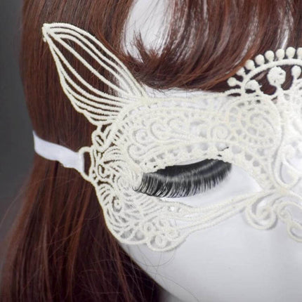 Cat King Lace Mask One Size Fits Most For Halloween — handmade white lace cat eye mask with openwork pattern, elastic strap, styled with lashes for masquerade