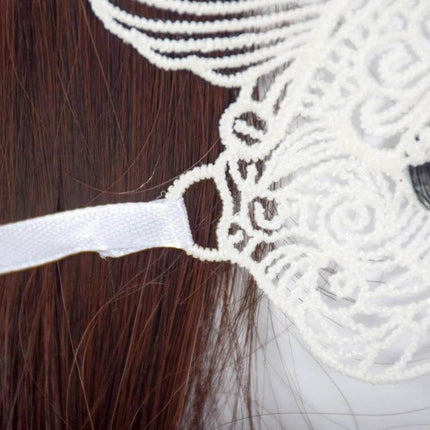 Cat King Lace Mask One Size Fits Most For Halloween close-up of white handmade lace eye mask with ribbon, ideal for masquerade and Halloween costumes