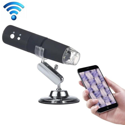 Portable Wireless Digital Microscope for Smartphone Magnification showing handheld microscope with WiFi and smartphone displaying magnified fibers