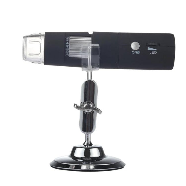 Portable Wireless Digital Microscope for Smartphone Magnification — black wireless digital microscope on adjustable metal stand with LED and WiFi connection