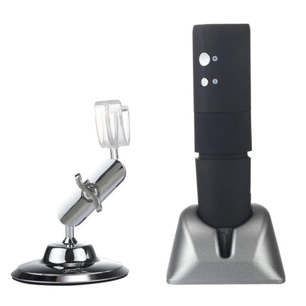 Portable Wireless Digital Microscope for Smartphone Magnification showing black wireless microscope on silver stand with adjustable metal mount