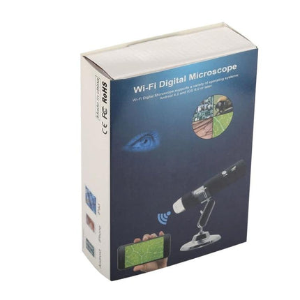 Portable Wireless Digital Microscope for Smartphone Magnification showing boxed Wi‑Fi digital microscope kit with smartphone viewing sample