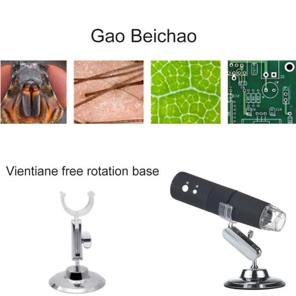 Portable Wireless Digital Microscope for Smartphone Magnification showing microscope with images of insect eye, hair, leaf cells, PCB and a Vientiane free rotation base