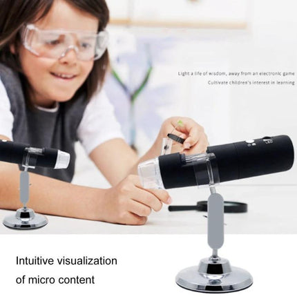 Portable Wireless Digital Microscope for Smartphone Magnification showing child using wireless microscope to inspect a plant on a desk