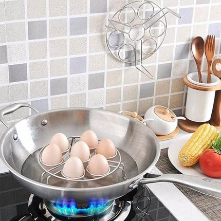 Steamer Rack Basket 17.5 cm for Egg and Vegetable Steaming in stainless steel holding six eggs over simmering water