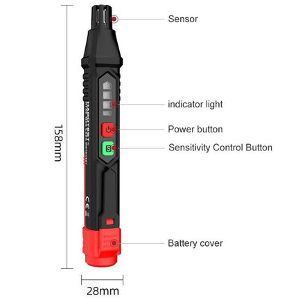 HABOTEST HT59 Portable Gas Leak Detector for Home Safety - compact pen-style leak detector showing sensor, buttons, indicator lights, battery cover