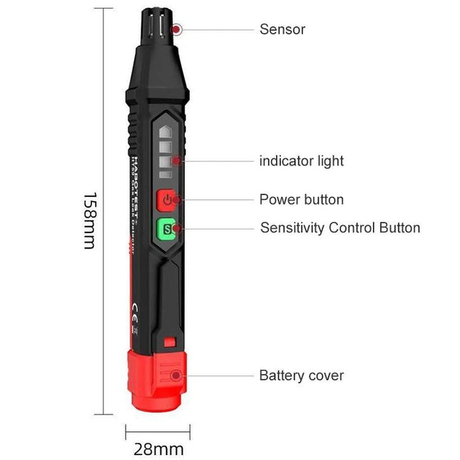 HABOTEST HT59 Portable Gas Leak Detector for Home Safety - compact pen-style leak detector showing sensor, buttons, indicator lights, battery cover