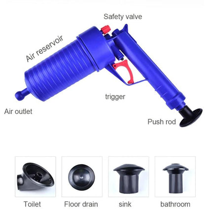 Daily Home Essential for Clearing Kitchen Drain Clogs - blue compressed-air plunger with air reservoir, trigger, safety valve and push rod for sink and floor drains