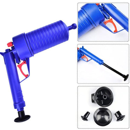 Daily Home Essential for Clearing Kitchen Drain Clogs blue compressed-air plunger tool with multiple rubber attachments for grease and food buildup