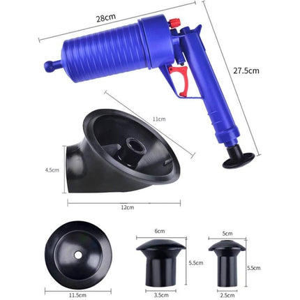 Daily Home Essential for Clearing Kitchen Drain Clogs - blue compressed-air drain plunger kit with multiple rubber funnel attachments, dimensions shown