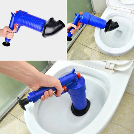 Daily Home Essential for Clearing Kitchen Drain Clogs - blue compressed air plunger shown clearing toilet and sink clogs quickly and safely