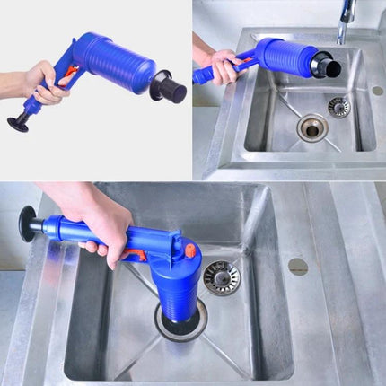 Daily Home Essential for Clearing Kitchen Drain Clogs - blue compressed-air plunger shown dislodging grease and food buildup in stainless steel sink