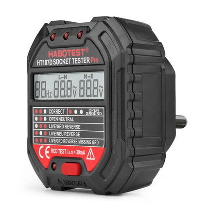 HABOTEST HT107D Digital Socket Tester for Electrical Checks - compact black plug-in tester showing LED indicators and digital display for outlet wiring