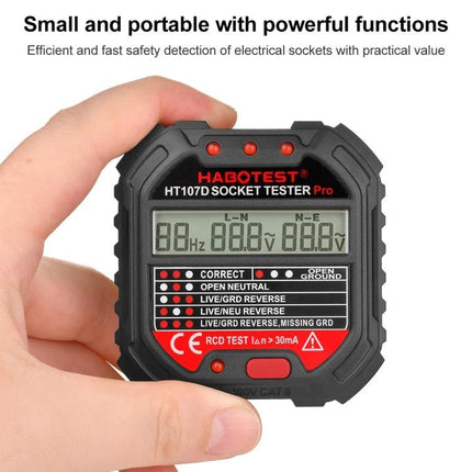 HABOTEST HT107D Digital Socket Tester for Electrical Checks handheld showing LCD and indicator lights for outlet wiring and grounding