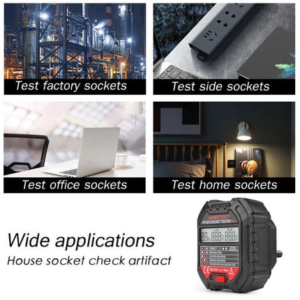 HABOTEST HT107D Digital Socket Tester for Electrical Checks shown testing home, office, factory and side sockets for wiring and grounding issues