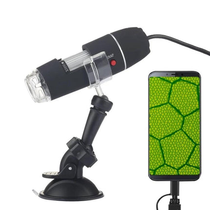 USB Digital Microscope with 1600x Magnification and Adjustable LEDs mounted on stand showing smartphone display of magnified leaf texture