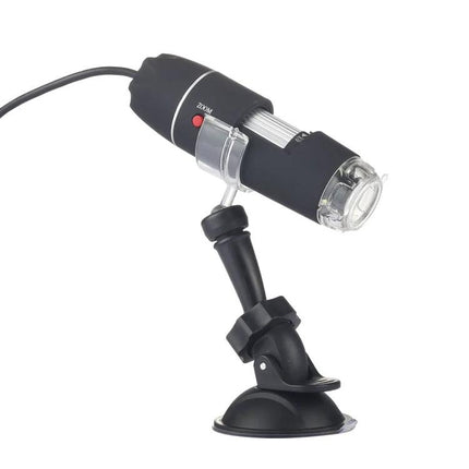 USB Digital Microscope with 1600x Magnification and Adjustable LEDs mounted on adjustable stand for close-up inspection of electronics, plants, jewelry