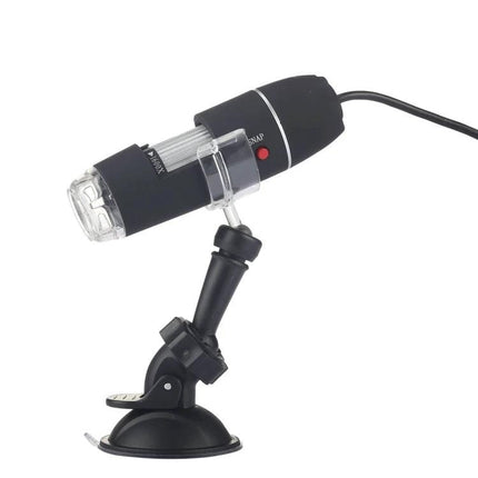 USB Digital Microscope with 1600x Magnification and Adjustable LEDs mounted on adjustable stand showing LED-lit lens for close-up inspection