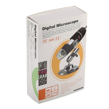 USB Digital Microscope with 1600x Magnification and Adjustable LEDs product box showing microscope, stand, and sample close-up for hobbyist and professional inspections