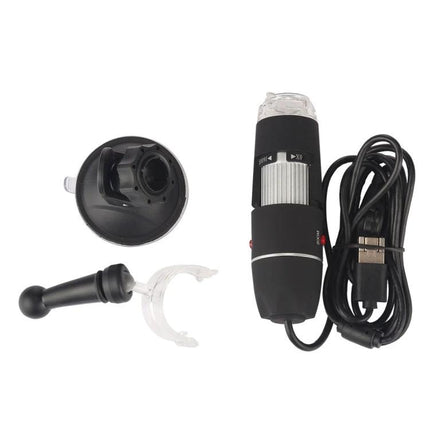 USB Digital Microscope with 1600x Magnification and Adjustable LEDs handheld unit with USB cable, stand and clip for electronics and jewelry inspection