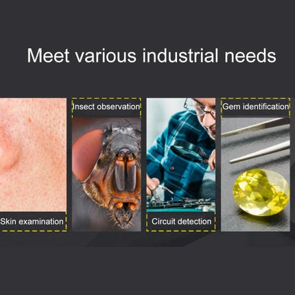 USB Digital Microscope with 1600x Magnification and Adjustable LEDs showing skin exam, insect close-up, circuit inspection, and gem identification