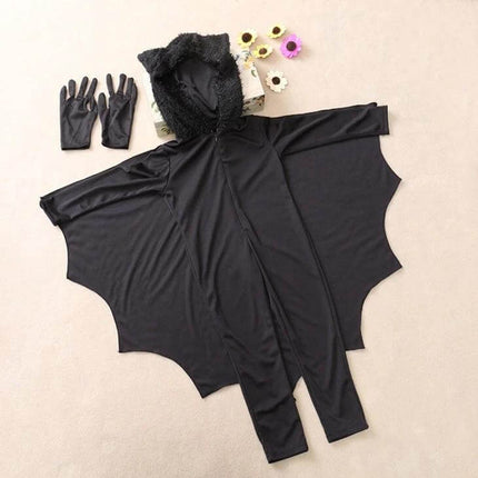 Children Bat Style Jumpsuit Halloween Costume Size S For Dress Up laid flat with hooded one-piece, winged sleeves and matching gloves for kids